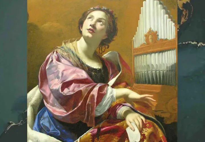 Santa Celia, patrona de la música, mira al cielo junto a un órgano. ¡Qué día tan inspirador para componer!