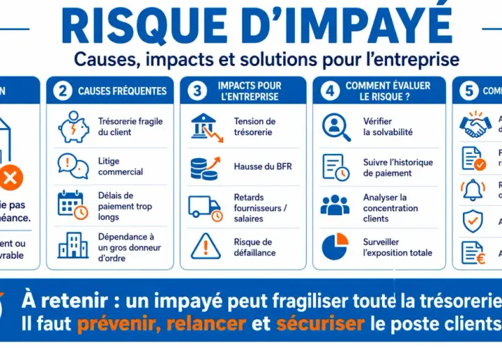 Infographie sur le risque d'impayé : causes, impacts et solutions pour l'entreprise. Évaluez le risque et protégez-vous de l'obligation bancaire.