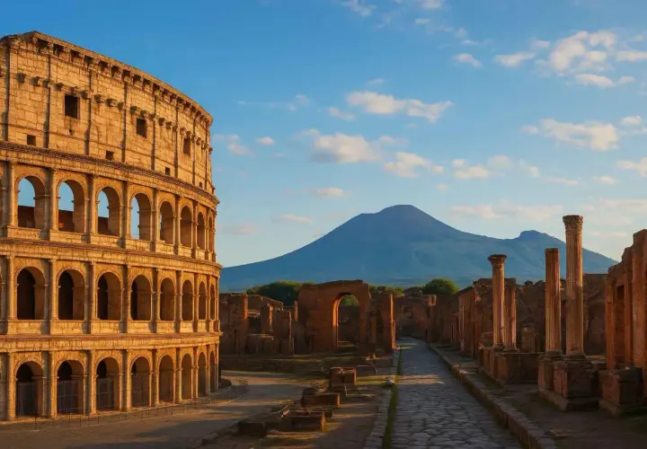 Le Colisée de Rome et les ruines de Pompéi sous le Vésuve. Un voyage à travers l'histoire antique.