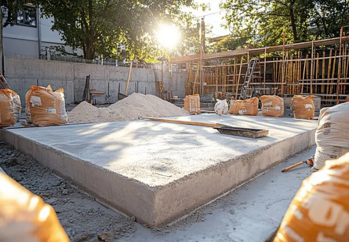 Chantier de construction : une dalle de béton fraîchement coulée, des sacs de ciment et du sable. Faut-il déclarer une terrasse en béton ?