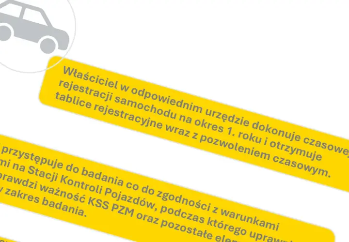 Szary symbol samochodu obok żółtego paska z tekstem o czasowej rejestracji pojazdu i badaniach technicznych.