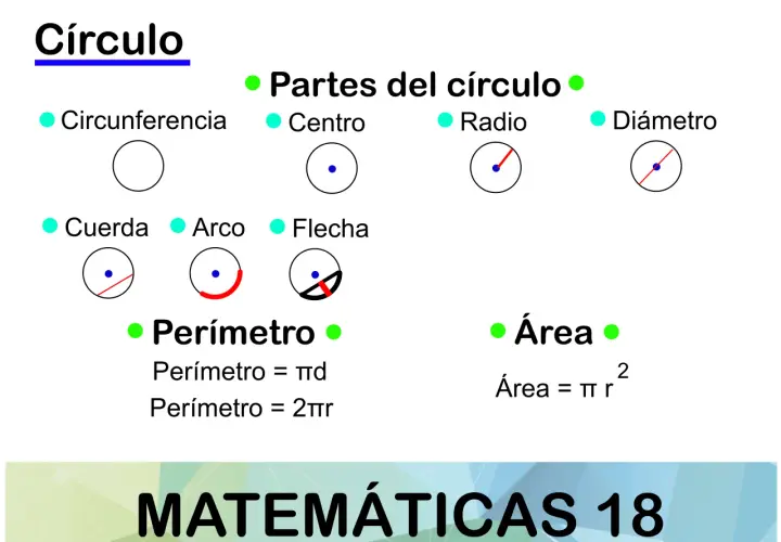 Ilustración de las partes de la circunferencia: centro, radio, diámetro, cuerda, arco y flecha, junto con fórmulas de perímetro y área.