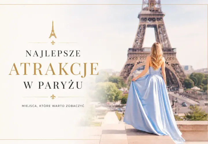 Kobieta w błękitnej sukni na tle Wieży Eiffla w Paryżu.