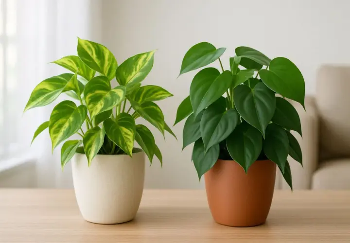 Zwei Zimmerpflanzen auf einem Holztisch. Links ein Philodendron mit gelb-grünen Blättern, rechts ein Philodendron efeutute mit dunkelgrünen, herzförmigen Blättern.