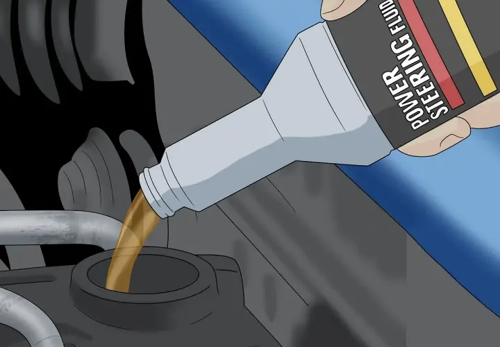 Persona vierte aceite de dirección asistida en el depósito del motor.