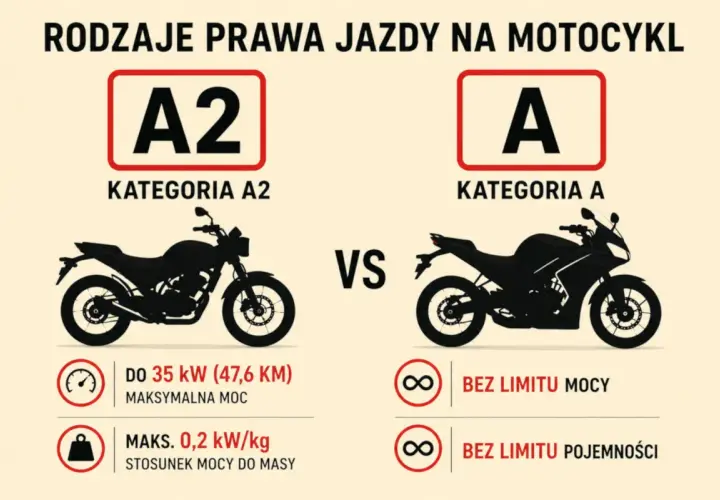 Porównanie kategorii A2 i A prawa jazdy na motor. A2: do 35 kW, A: bez limitu mocy i pojemności.