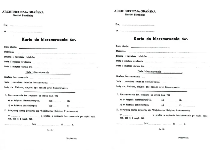 Karta do bierzmowania św. - dokument potrzebny, by uzyskać zaświadczenie o bierzmowaniu. Wypełnij dane chrztu, urodzenia i bierzmowania.