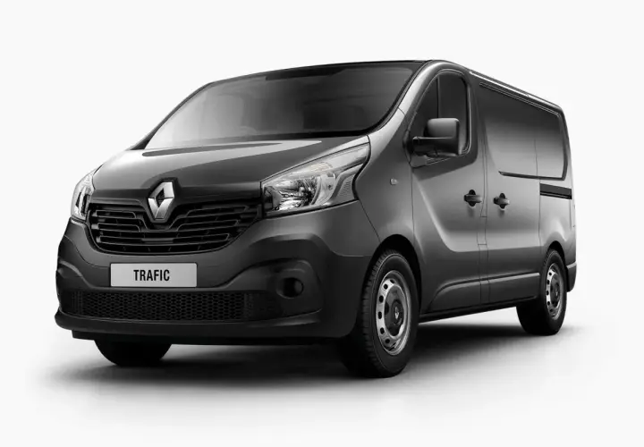 Szary van Renault Trafic 3 z napisem "TRAFIC" na grillu, gotowy do pracy.