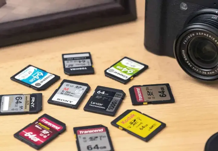 Viele SD-Karten mit 64 GB Speicherplatz liegen neben einer Kamera. Was ist das? Kleine Speicherwunder für Fotos und Videos!
