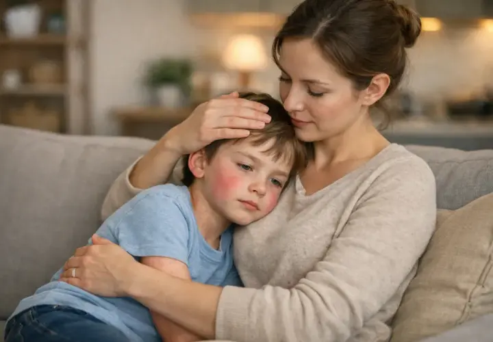 Une mère réconforte son fils malade, le visage rouge et couvert de boutons, possiblement un test scarlatine pharmacie.