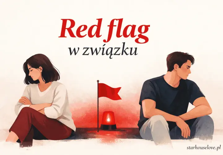 Para siedzi odwrócona od siebie, z czerwoną flagą i sygnałem ostrzegawczym między nimi. To znak, że w związku pojawiły się czerwone flagi.