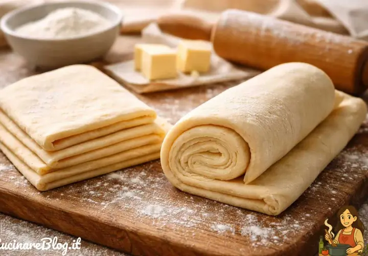 Pasta sfoglia veloce pronta per essere utilizzata. Ingredienti base per dolci e salati, con rotolo e sfoglie impilate.