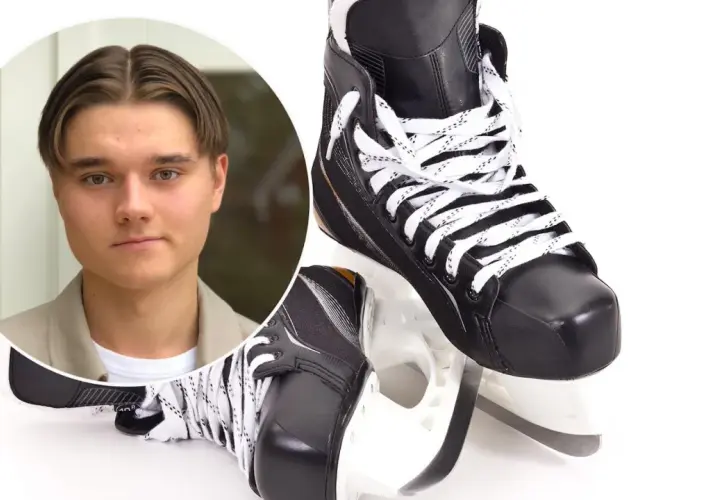 Oliver, redo att ta sig an isen med sina nya, nyttiga skridskor.