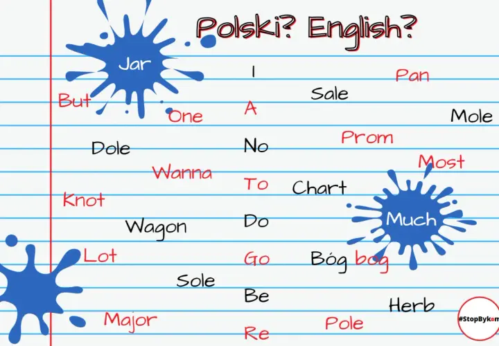 Polski? English?" - lista słów, gdzie niektóre angielskie słowa brzmią jak polskie, np. "Jar" i "Much".