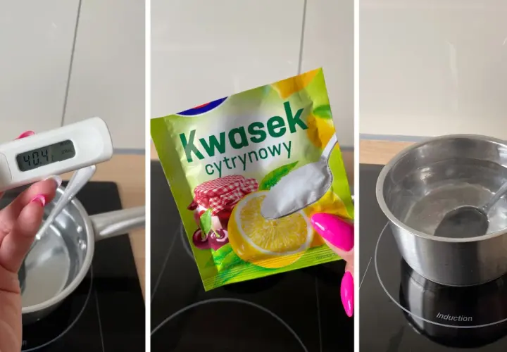 Przygotowanie roztworu do odkamieniania ekspresu kwaskiem cytrynowym. Woda w garnuszku ma 40.4°C.