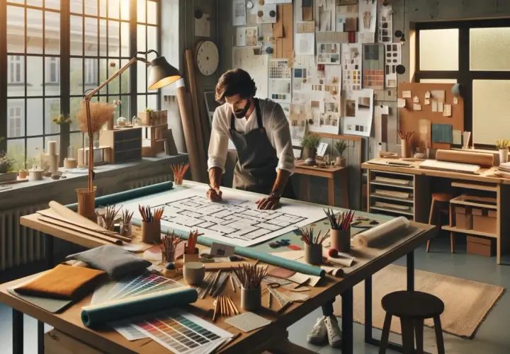 Architekt wnętrz rysuje plan domu w pracowni pełnej materiałów i próbek.