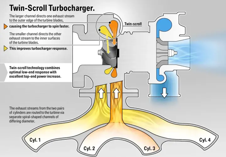 Schemat turbosprężarki typu twin-scroll. Dwa strumienie spalin z cylindrów silnika kierowane są do turbiny, poprawiając jej reakcję i moc.
