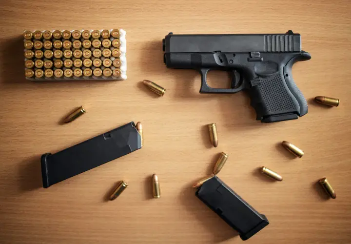 Pistolet, magazynki i amunicja na drewnianym stole. Zastanawiasz się, jak odzyskać cofnięte pozwolenie na broń?