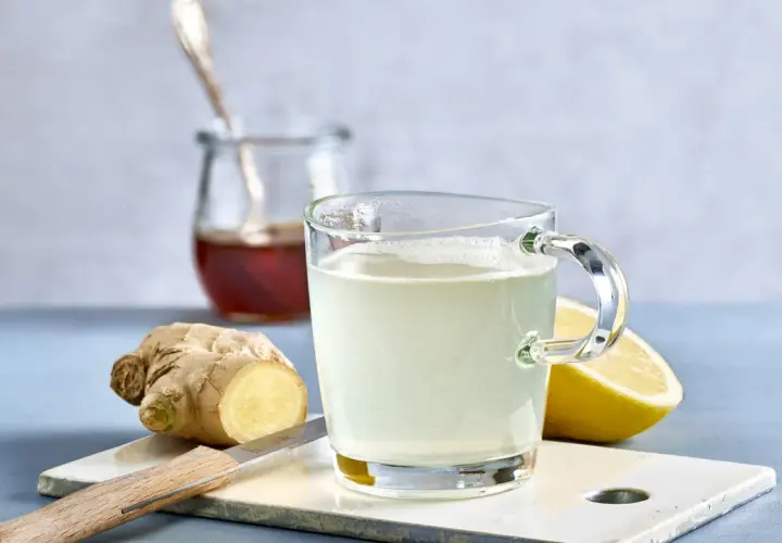 Ingwer Zitrone Tee selber machen: Ein Glas frisch aufgebrühter Tee mit Zitrone und Ingwer, daneben frischer Ingwer, Zitrone und ein Glas Honig.