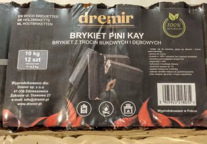 Brykiet do palenia w kominku, 10 kg, 12 sztuk, z trocin bukowych i dębowych. 100% naturalny, wyprodukowano w Polsce.