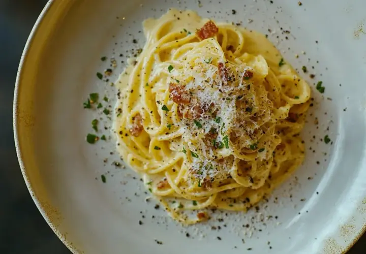 Ein Teller cremiger Spaghetti Carbonara, bestreut mit Pecorino, schwarzem Pfeffer und knusprigen Speckwürfeln.