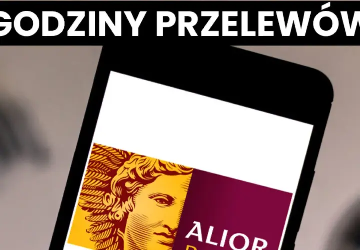 Telefon z aplikacją Alior Bank, na ekranie widoczny fragment logo i tekst "GODZINY PRZELEWÓW".