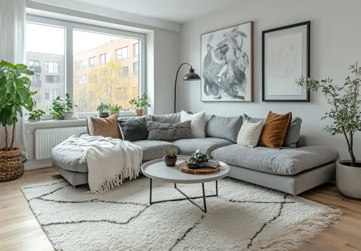 Gemütliches Wohnzimmer im skandinavischen einrichtungsstil mit großem Ecksofa, weißem Teppich und vielen Pflanzen.