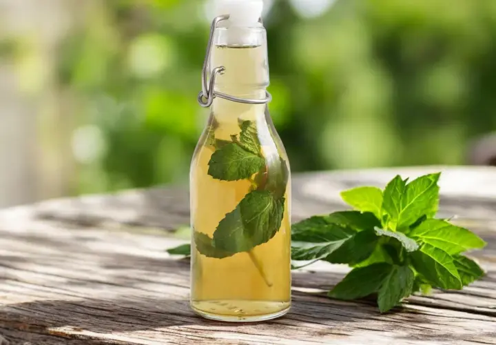 Bouteille de sirop de menthe maison avec des feuilles de menthe fraîche sur une table en bois.