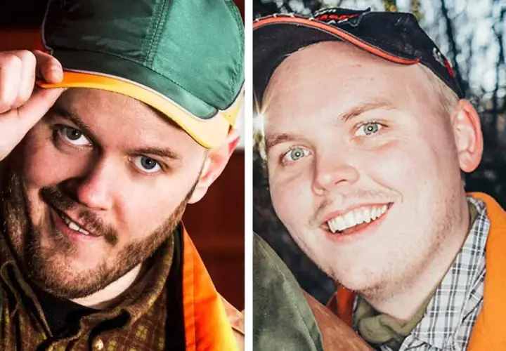 Två närbilder på män med kepsar, en grön och en svart. Kanske från en leif och billy film?