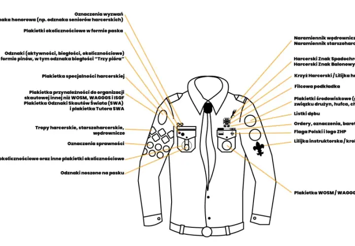 Ilustracja przedstawia mundur harcerski z licznymi oznaczeniami, w tym stopnie wojskowe na mundurze, odznaki aktywności, plakietki specjalności i przynależności.