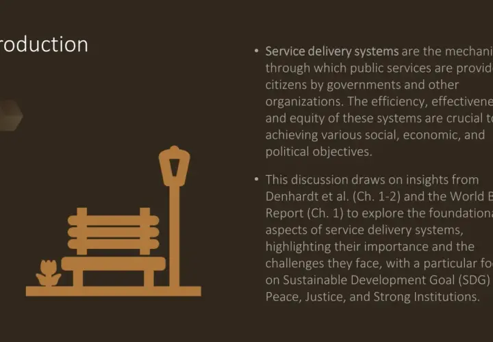 Introduction slide with a park bench icon. Explains why public administration is important for service delivery and achieving social, economic, and political goals.