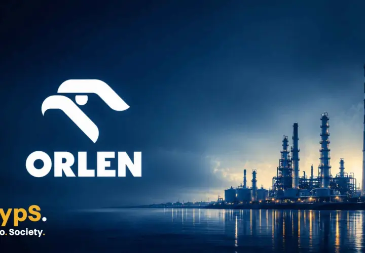 Logo Orlen i Cryps. na tle rafinerii. Orlen rekomendacje dla inwestorów.