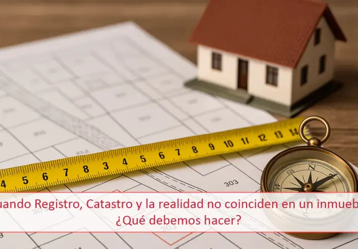 Plano de una finca registral con cinta métrica, brújula y maqueta de casa.