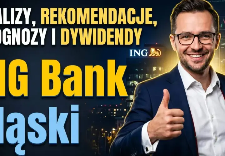 Uśmiechnięty mężczyzna w garniturze pokazuje kciuk w górę. W tle logo ING Bank Śląski i napisy o analizach i dywidendach.