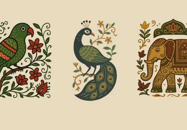 Un perroquet vert, un paon et un éléphant décoré, dans un style motif tissu indien aux couleurs vives.