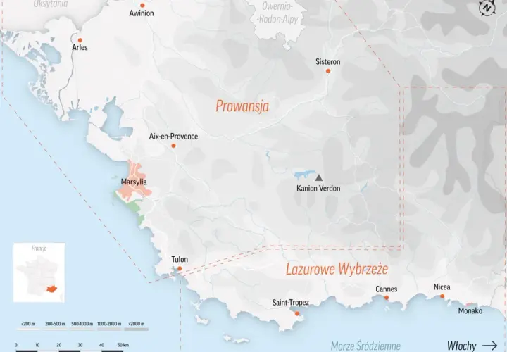 Mapa Lazurowego Wybrzeża z zaznaczonymi miastami takimi jak Marsylia, Cannes, Nicea i Monako.