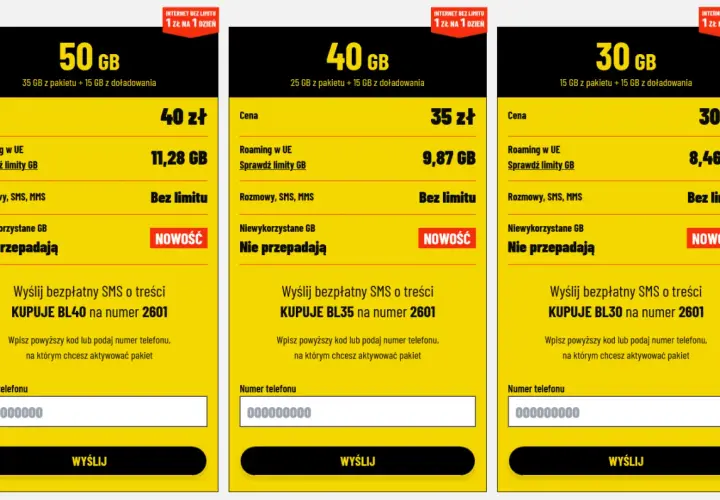 Porównanie ofert na kartę: 50 GB za 40 zł, 40 GB za 35 zł, 30 GB za 30 zł. Wszystkie z nielimitowanymi rozmowami i SMS.