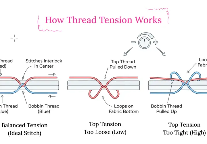 Diagrams illustrating how thread tension affects stitches. Shows balanced, loose, and tight top tension, with loops on fabric top or bottom.