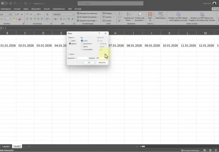 Excel mostra il riempimento automatico di date, con opzioni per serie, tipo e unità di tempo.