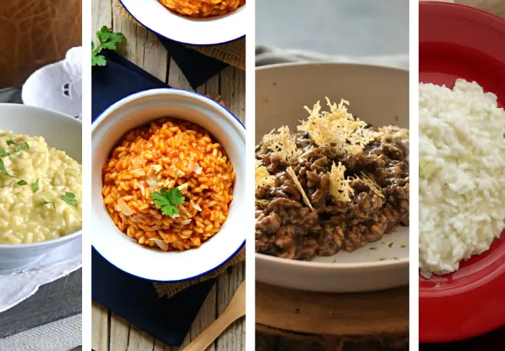 Cuatro deliciosos **arroz italiano tipos**: cremoso, con tomate, de chocolate y blanco.