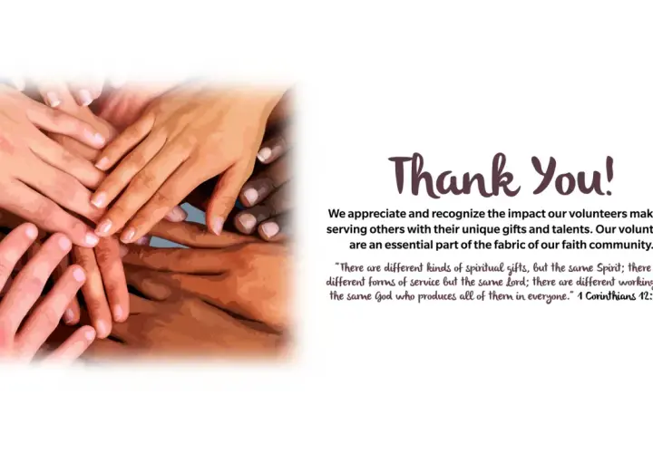A diverse group of hands are stacked together, symbolizing unity. Text reads "Thank You!" and expresses appreciation for volunteers' service to the community.