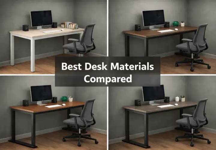 Four desks showcase different desk wood types: light oak, walnut, cherry, and dark oak.