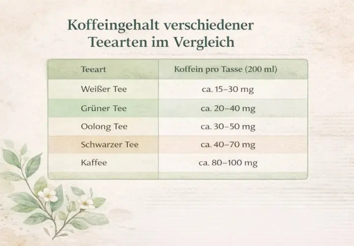 Vergleich des Koffeingehalts verschiedener Teesorten: Weißer Tee (15-30mg), Grüner Tee (20-40mg), Oolong Tee (30-50mg), Schwarzer Tee (40-70mg) und Kaffee (80-100mg) pro Tasse.