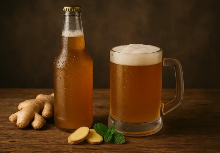 Orzeźwiające piwo gingers w butelce i kuflu, obok świeżego imbiru i mięty.