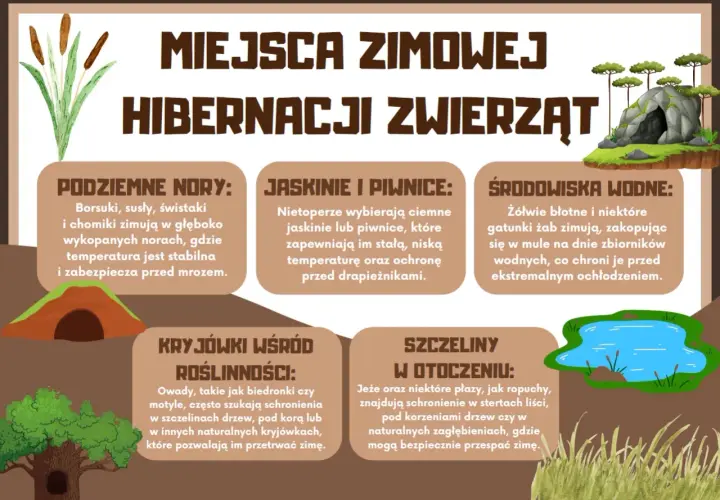 Ilustracja pokazuje, jakie zwierzęta zapadają w sen zimowy: borsuki, nietoperze, żółwie, żaby, owady, jeże i płazy.
