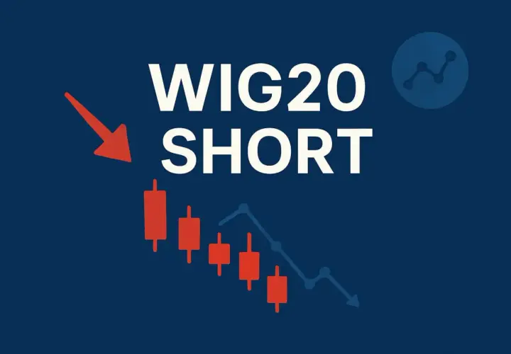 WIG20 SHORT. Wykres świecowy i liniowy wskazują na spadki. Czerwona strzałka podkreśla negatywny trend. Komentarze dotyczące WIG20 mogą być pesymistyczne.