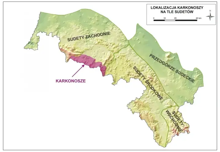 Mapa pokazuje, gdzie są Karkonosze, jako część Sudetów Zachodnich.