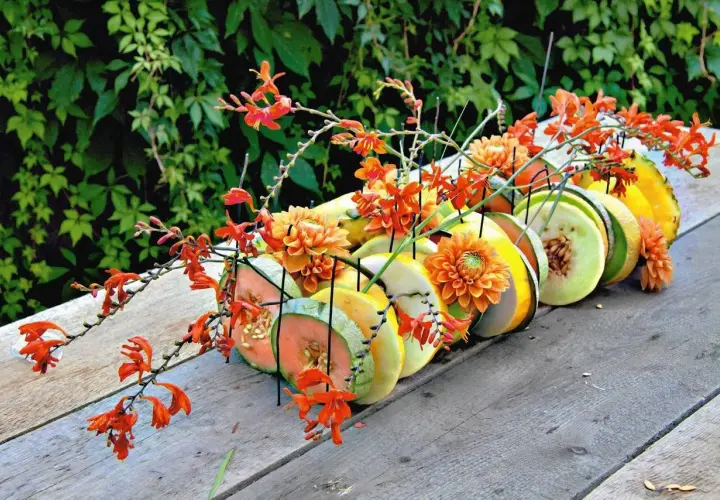 Letnia kompozycja z pomarańczowymi kwiatami i plastrami owoców, jak melon i ananas, na drewnianym stole.