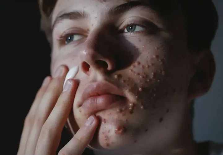 Młoda osoba z trądzikiem aplikuje biały krem, być może **Sudocrem na twarz**, aby złagodzić zmiany skórne.