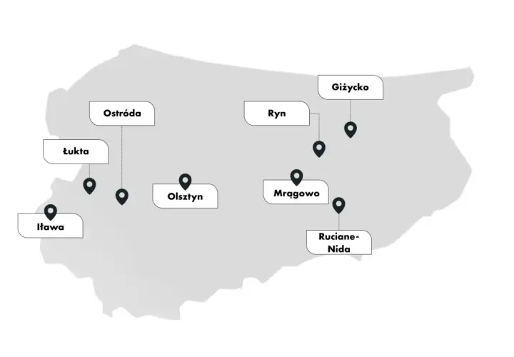 Mapa z zaznaczonymi miastami: Ostróda, Łukta, Iława, Olsztyn, Ryn, Giżycko, Mrągowo, Ruciane-Nida. Idealne miejsca, gdzie na Mazury na jeden dzień.